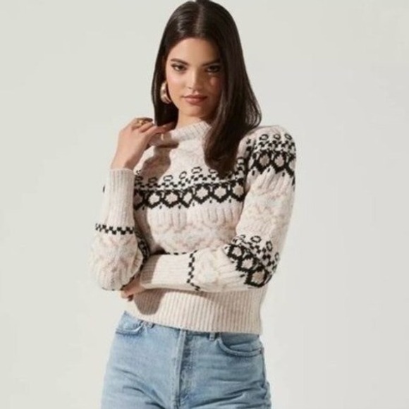 Astr Sweaters - ASTR The label Maria Mock Neck Fair Isle Wool Blend Soft & Cozy Sweater Large